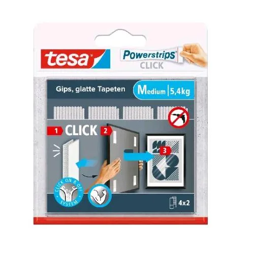 TESA Powerstrips Click Strisce Autadesive 8 x 2 cm Medium con Sistema di Aggancio e Sgancio Bianco Conf 4 x 2 Pz.