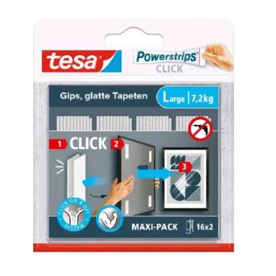 TESA Powerstrips Click Strisce Autadesive 8.5 x 2 cm Large con Sistema di Aggancio e Sgancio Bianco Conf 16 x 2 Pz.