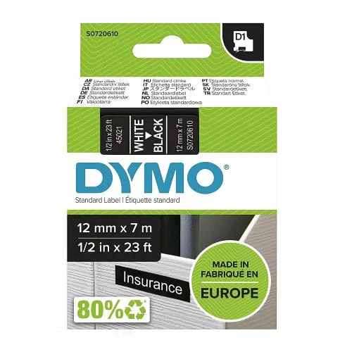 Dymo D1 Nastro per Etichette in Poliestere 12 mm x 7 m Nero Stampa Bianca
