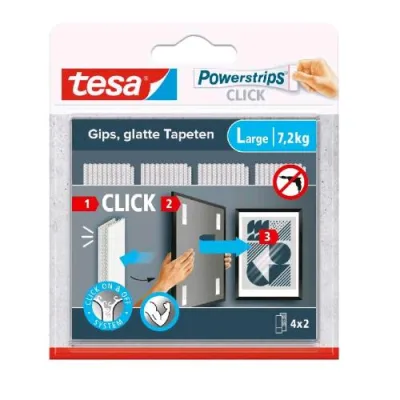 TESA Powerstrips Click Strisce Autadesive 8.5 x 2 cm Large con Sistema di Aggancio e Sgancio Bianco Conf 4 x 2 Pz.