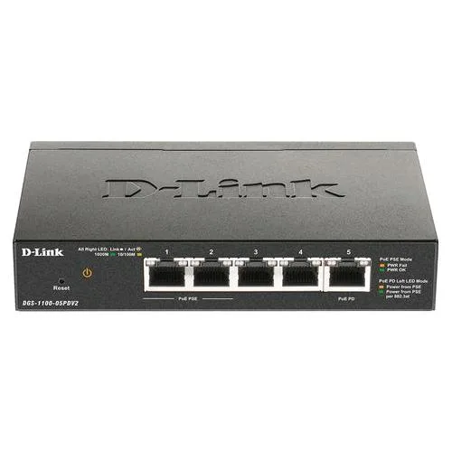 D-Link DGS-1100-05PDV2 Switch 5 Porte Gigabit POE Smart Managed 1 Porta Power Delivery