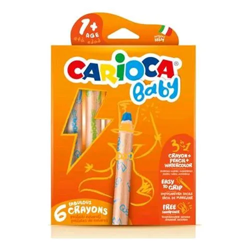 Carioca Baby Pastelli 3 in 1 Matita/Cera/Acquerello 10 mm Colori Assortit Conf. 6 Pz.