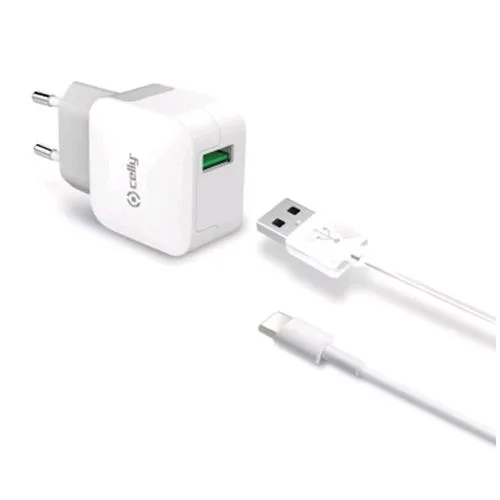 Celly Caricabatterie da Rete 1 x USB 2.4A 12 W + Cavo da USB-A a USB-C Colore Grigio/Bianco