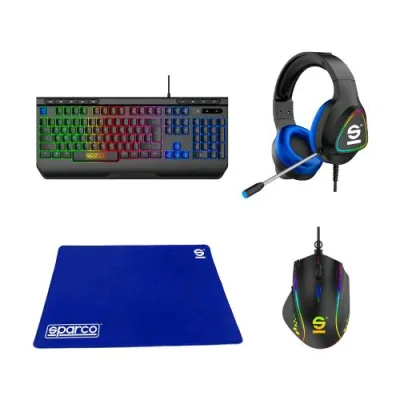 Celly Sparco Kitpro Poleposition Kit Gaming 4IN1 Tastiera da Gioco con Retro Illuminazione Mouse da Gioco con Luci RGB Cuffie a Filo con Luci a LED Rainbow e Microfono e Tappetino per Mouse