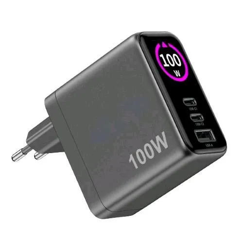 Celly Caricabatterie da Rete Gan 100W con Display 2 x USB-C 1 x USB-A Nero