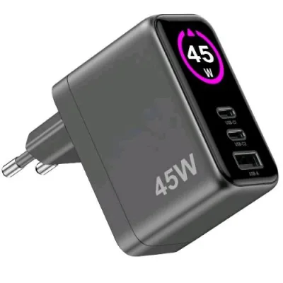 Celly Caricabatterie da Rete Gan 45W con Display 2 x USB-C 1 x USB-A Nero