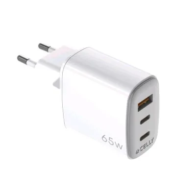 Celly Caricabatterie da Rete Gan 65 W - 2 x USB-C 1 x USB-A Bianco