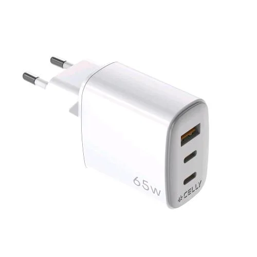 Celly Caricabatterie da Rete Gan 65 W - 2 x USB-C 1 x USB-A Bianco