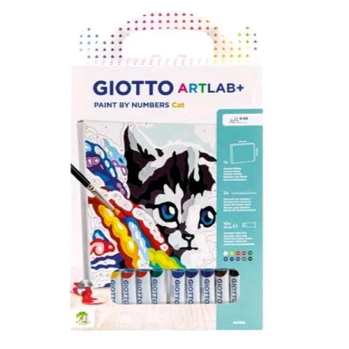 Giotto Art Lab Number Cat Kit Creativo con Tela Numerata 10 Tubetti Tempere 2 Pennelli e Guida Numerata