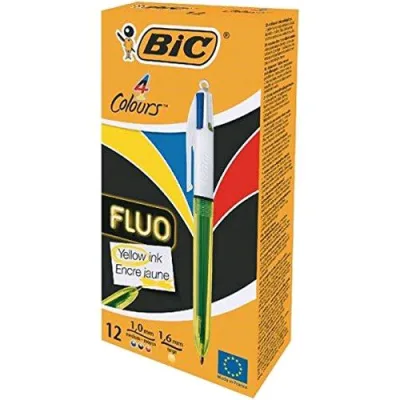 BIC 4 Colour Fluo Penna a Sfera 4 Colori di Inchiostro 3 Punta Media + 1 Punta Larga Conf. 12 Pz.