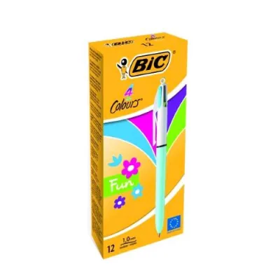 BIC 4 Colour Fun Penna a Sfera Tratto 1 mm Fusto Turchese Inchostro Colori Assortiti Conf 12 Pz.