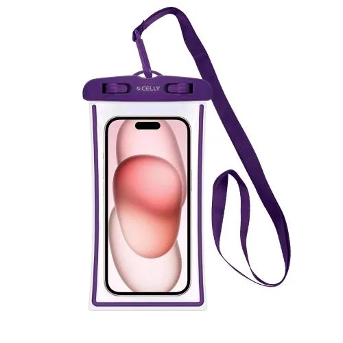 Celly Splashbag 24 Custodia Waterproof IPX8 per Smartphone fino a 6.7" Proetegge il Telefono da Acqua Sabbia e Graffi Trasparente Violet
