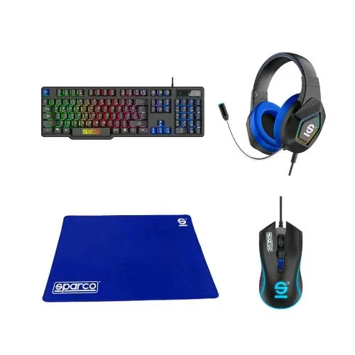 Sparco Gaming Kit 4IN1 Raceday Tastiera da Gioco con Retro Illuminazione Mouse da Gioco con LED a 7 Colori Cuffie a Filo con Luci a LED Rainbow e Tappetino per Mouse