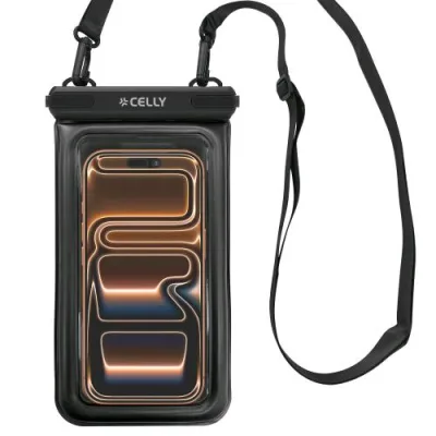Celly Splashbag Custodia Impermeabile Galleggiante per Smartphone fino a 6.9" Trasparente IP68 Chiusura Ermetica Laccio al Collo Integrato Nero