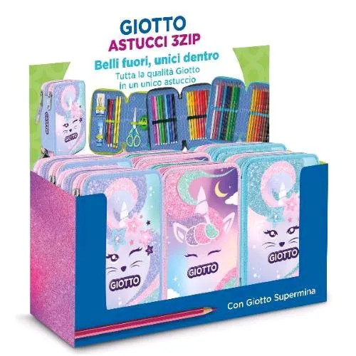 Giotto Candy Cat Espositore Astucci 3 Zip con Riempimento Colori Assortiti Conf 6 Pz.
