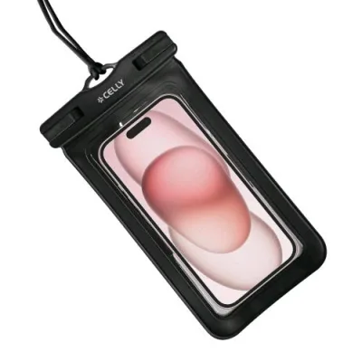 Celly Splashbag Custodia Impermeabile per Smartphone fino a 7" in Morbido Tpu Non Lascia Passare L'acqua Laccetto Nero da Collo Incluso Nero