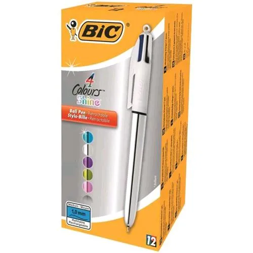 BIC 4 Colours Shine Penna a Sfera 4 Colori di Inchiostro Punta Media Fusto Argento Metallizzato Conf 12 pz