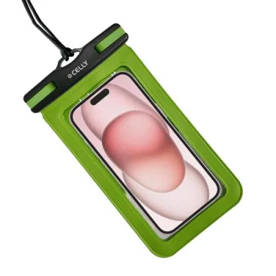 Celly Splashbag Custodia Impermeabile per Smartphone fino a 7" in Morbido Tpu Non Lascia Passare L'acqua Laccetto Nero da Collo Incluso Verde