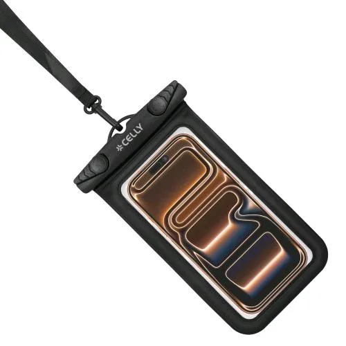 Celly Splashbag Custodia Impermeabile per Smartphone fino a 7" Trasparente Chiusura Ermetica IPX8 Laccio a Collo Incluso Nero