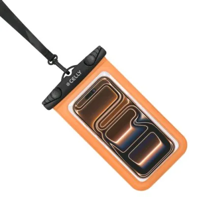 Celly Splashbag Custodia Impermeabile per Smartphone fino a 7" Trasparente Chiusura Ermetica IPX8 Laccio a Collo Incluso Nero Arancione