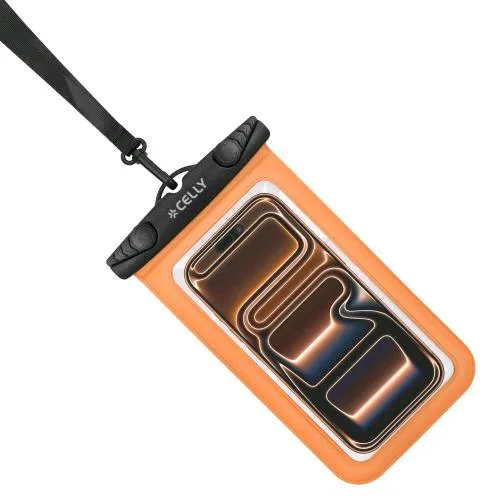 Celly Splashbag Custodia Impermeabile per Smartphone fino a 7" Trasparente Chiusura Ermetica IPX8 Laccio a Collo Incluso Nero Arancione