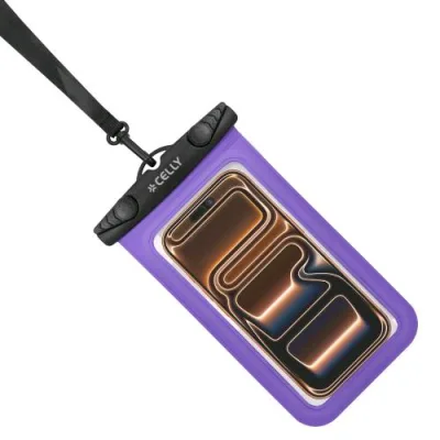 Celly Splashbag Custodia Impermeabile per Smartphone fino a 7" Trasparente Chiusura Ermetica IPX8 Laccio a Collo Incluso Nero Viola