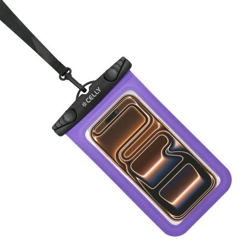Celly Splashbag Custodia Impermeabile per Smartphone fino a 7" Trasparente Chiusura Ermetica IPX8 Laccio a Collo Incluso Nero Viola