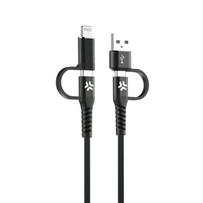 Celly Cavo Adattatore 4 in 1 USB-C Maschio Maschio + Adattatore Lightning Apple + Adattatore USB-A 2 m Nero