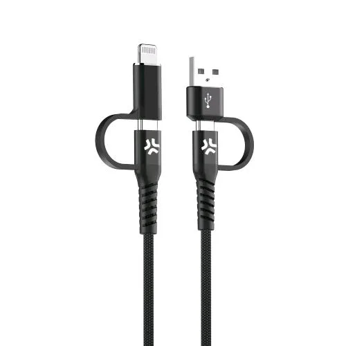 Celly Cavo Adattatore 4 in 1 USB-C Maschio Maschio + Adattatore Lightning Apple + Adattatore USB-A 2 m Nero