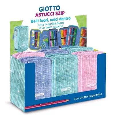 Giotto Crystal Espositore 3 Scomparti Chiusura Zip con Riempimento Colori Assortiti Conf 6 Pz.