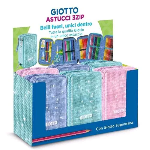 Giotto Crystal Espositore 3 Scomparti Chiusura Zip con Riempimento Colori Assortiti Conf 6 Pz.