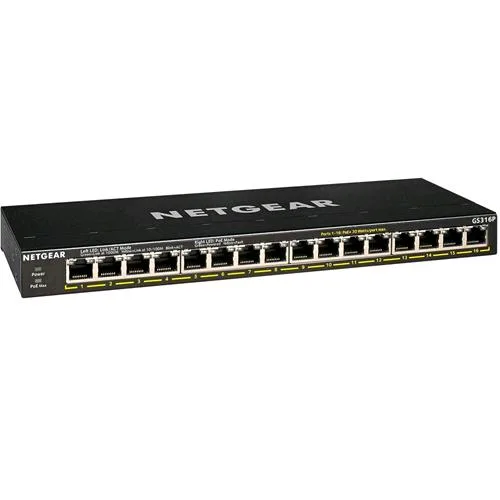Netgear GS316P Switch 16 Porte Non Gestito Gigabit Ethernet (10/100/1000) Nero Supporto Power Over Ethernet (POE)