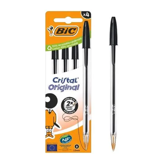 BIC Cristal Original Penna a Sfera Tratto 1 mm Inchiostro Nero Conf 4 Pz.