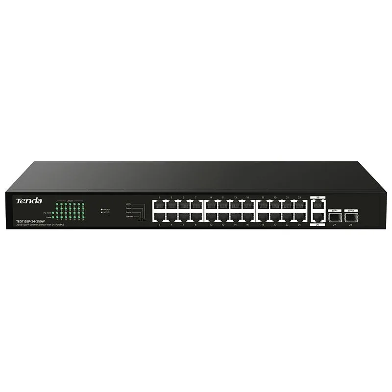 Tenda TEG1128P-24-250W Switch 26 Porte Gigabit LAN di Cui 24 Porta POE 250 W 30 W Max a Porta + 2 Porte SFP Montabile a Rack