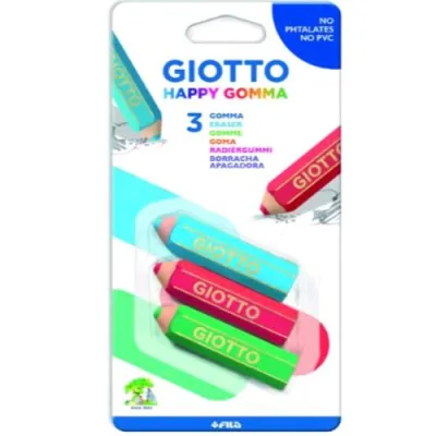 Giotto Happy Gomme a Forma di Matita 6,5 x 1,5 cm Colori Assortiti Conf 3 Pz.