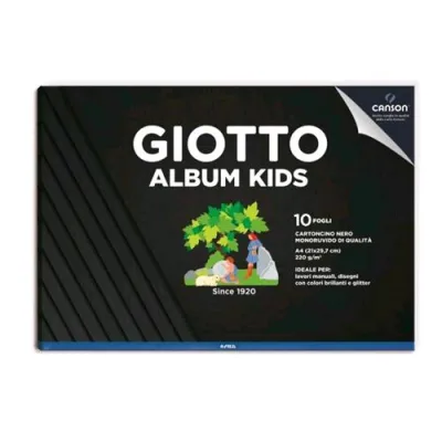 Giotto Kids Album A4 220 g Carta Nera Monoruvida Ideale per Lavori Manuali Origami Colle Glitterate Colori Metallici Conf 5 Pz.