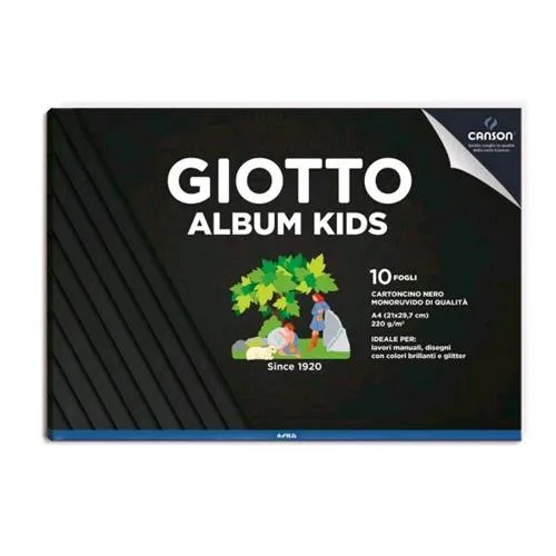Giotto Kids Album A4 220 g Carta Nera Monoruvida Ideale per Lavori Manuali Origami Colle Glitterate Colori Metallici Conf 5 Pz.