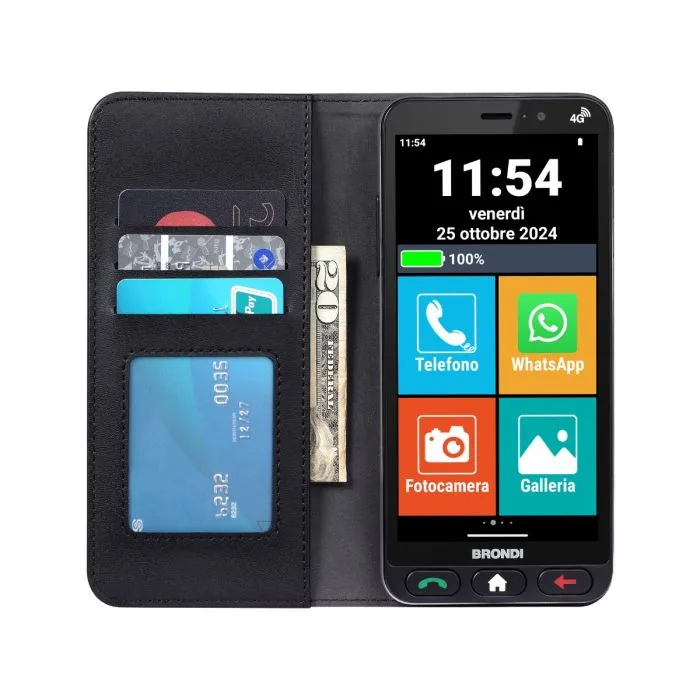 Brondi Amico Vero 4G+ Dual SIM 5.7" Senior Smartphone Sensore di Caduta Localizzazione GPS in Tempo Reale Tasto Sos 4G+ Flip Cover Nero