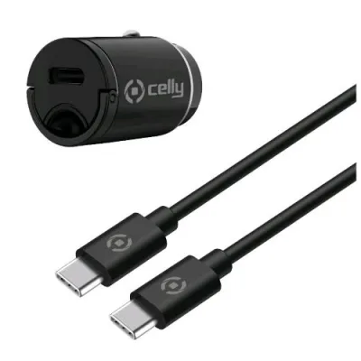 Celly Ccminitypec Kit Caricabatterie da Auto 20W Ultra-Compatto con Cavo USB-C a USB-C Black