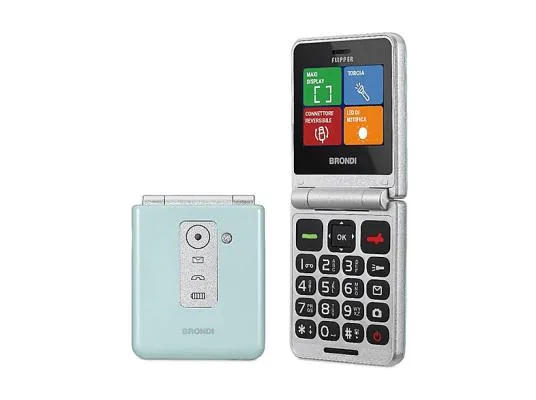 Brondi Flipper Dual SIM 2.4" Clamshell Flip Attivo 3 Pulsanti Accesso Rapido 9 Memorie per Chiamate Rapide USB-C Italia Green Water Metal