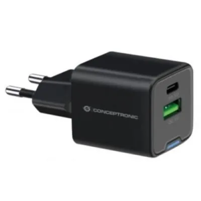 Conceptronic ALTHEA15B Caricabatterie da Rete Gan PD 20 W 2 Porte 1X USB-C, 1X USB-A, QC 3.0, PPS Nero