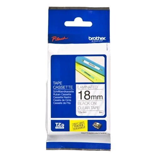 Brother Nastro per Etichettatrice Laminato 18mm x 8m Trasparente Stampa Nero TZE141