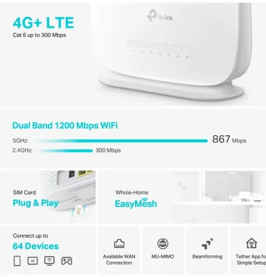 ROUTER AC1200 WIRELESS 4G+DUALBAND 3P/GBS LAN+1WAN ANT.INT/EST WPA3