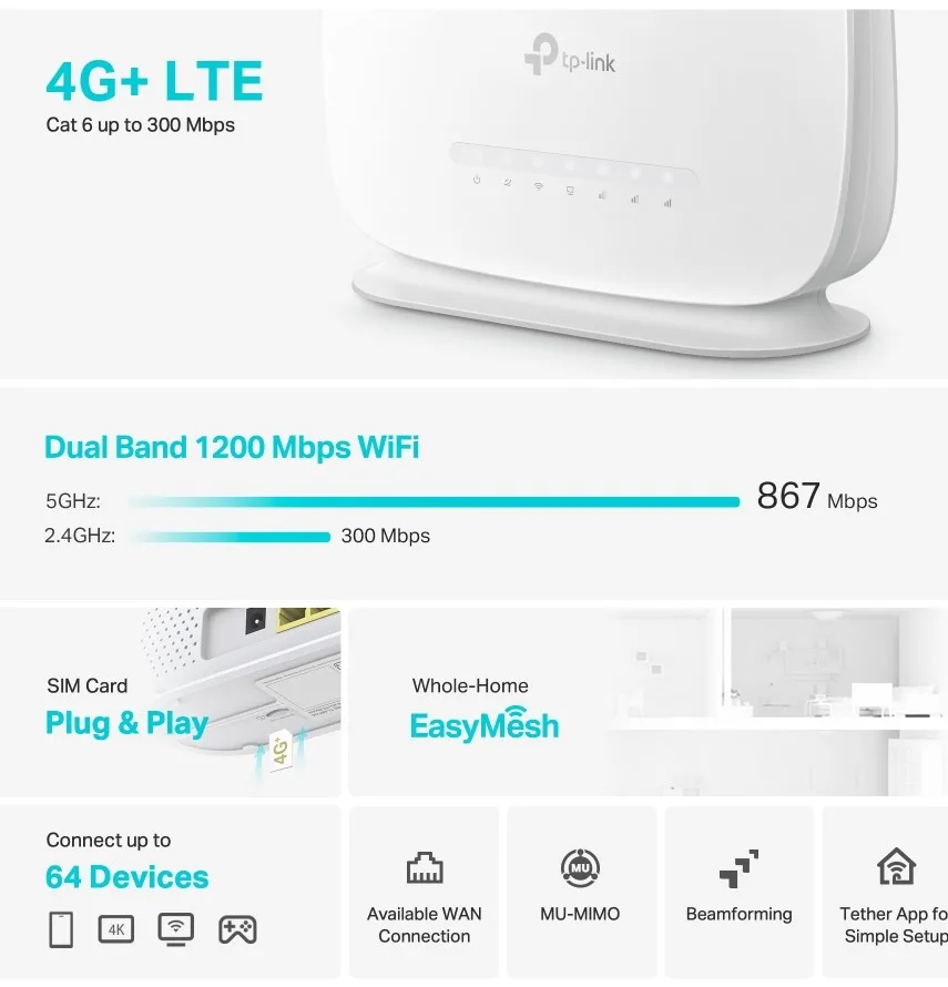 ROUTER AC1200 WIRELESS 4G+DUALBAND 3P/GBS LAN+1WAN ANT.INT/EST WPA3