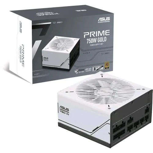 ASUS Prime Alimentatore 750W Gold Modulare 80 Plus Gold ATX 3.0 Ventola con Doppio Cuscinetto a Sfera Pcle Gen 5.0 Bianco