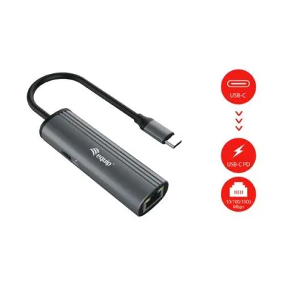 Equip 133486 Hub di Interfaccia USB-C a RJ45 Gigabit 1000 Mbit/S + PD 100W Nero Grigio