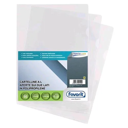 Favorit PRATIC78 Buste a L in PP CM 22X30 A4 Liscia Trasparente Conf 50 Pz.
