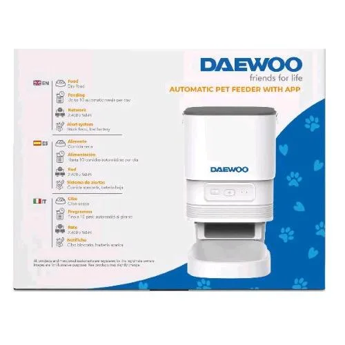 Daewoo Alimentatore Automatico Ricaricabile Capacita' 4 l Display LCD Regolabile fino a 10 Pasti Gestibile Anche con App Tuya Bianco