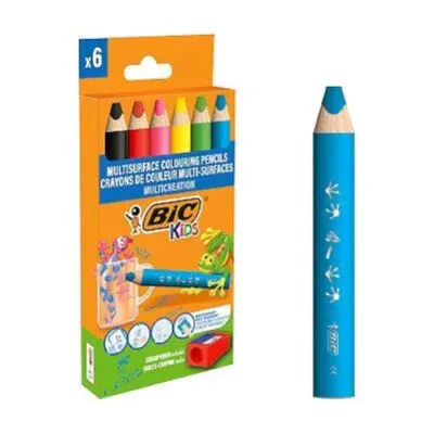 BIC Kids Multisuperficie Pastelli Punta da 10 mm con Temperamatite Colori Assortiti Conf 6 Pz.