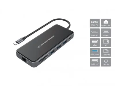Conceptronic DONN015G Docking Station 12-in-1 da USB-C 3.2 A 2XUSB-A 3.2 2XUSB-C 3.2 100W 1XUSB-A 2.0 2XHDMI 1XVGA 1XLAN RJ-45 1000MBIT/S 1XAUX/Out Lettore Micro SD/SD Nero